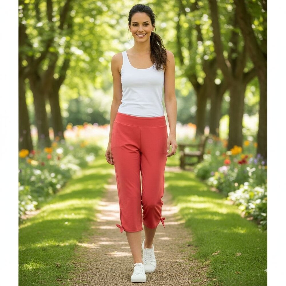 Lana Lee Women's Small Capri Pants Active Peach #590-9201 Jersey Knit Tie Hem